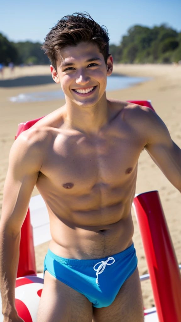 male Age 21 swimwear lifeguard topless smile