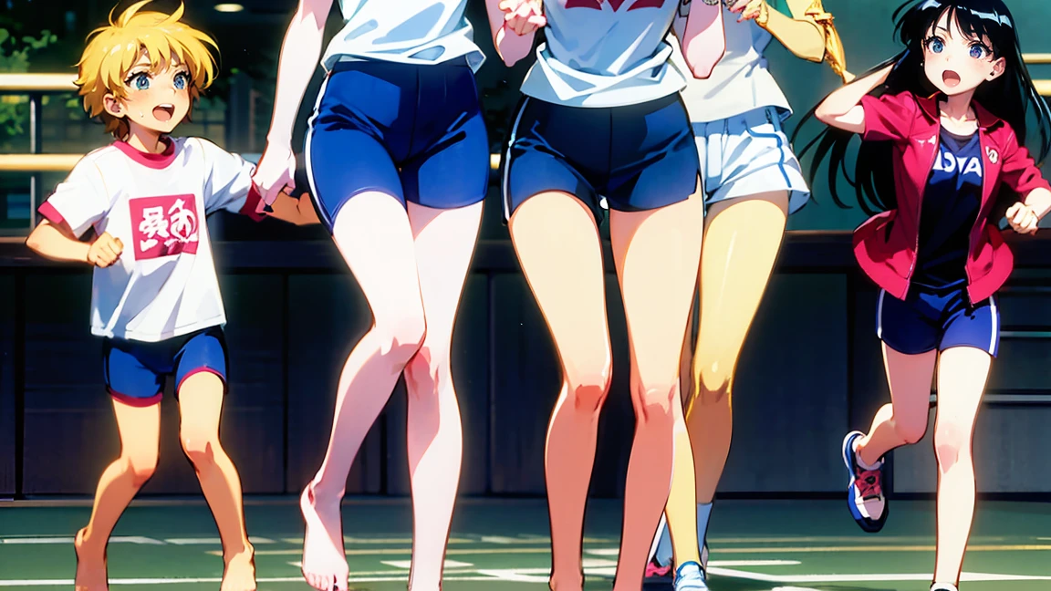Highest quality,1990s anime style illustration,barefoot,Multiple Girls,Girls in gym clothes、Stand in line、校庭をRuns,All the girls are barefoot,The girls were sweating、Runs,White T-shirt and blue shorts,女の子たち数人は並んでRuns,Multiple Girlsたちを、Line up in a straight line、Let it run,running