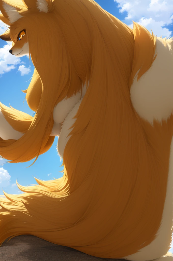 fox girl, ((((furry))), furry, golden fur, long blonde hair, golden fur all over, golden fur on the hands, hands of the forelimbs, golden fur on the back of the hands, palm skin, eyes with light, reddish-orange eyes, super cute face, Brown elements on leather.., ambient light, Super fine fur, volumetric light, evening, playa, Clouds in the sky, Blue day, natural lighting, SMILE, fluffy tail, bright pupils, naked, Is standing,big breasts