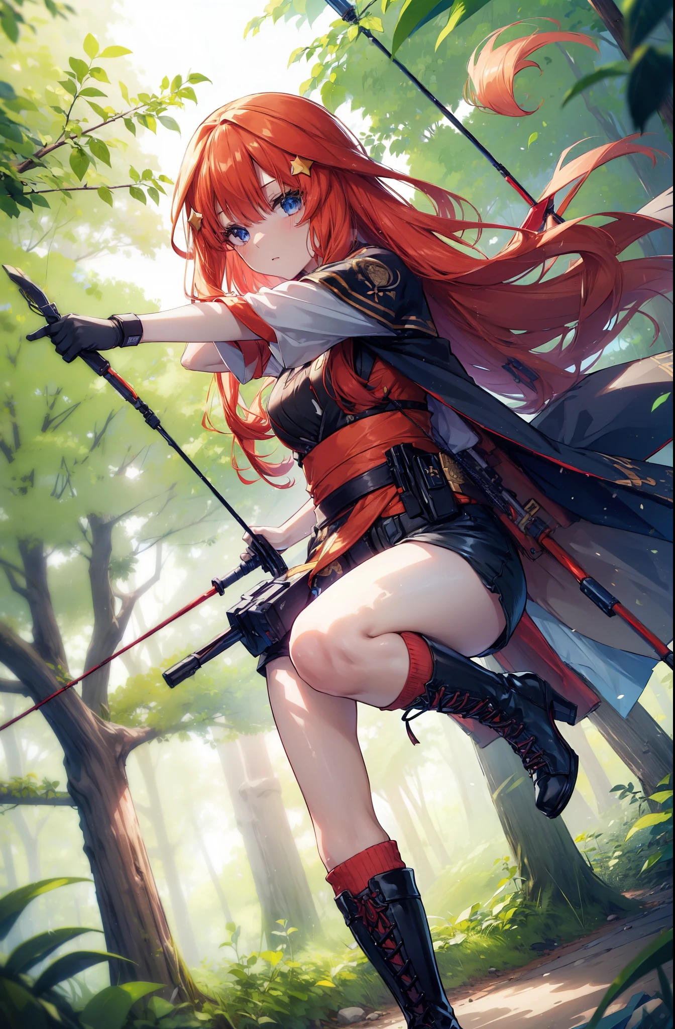 itsukinakano, itsuki nakano, bangs, blue eyes, Hair between the eyes, Redhead, star \(symbol\), hair ornaments, star hair ornaments,Long Hair,Owns an archery grip in the right hand,Carrying an archery bag,He has a quiver on one side, boots, Cape,gloves, red Knee socks, High heels, Shorts, Knee socks,whole bodyがイラストの中に入っていくように,歩いている
break outdoors, forest,forest林, break looking at viewer,whole body, 
break (masterpiece:1.2), Highest quality, High resolution, unity 8k wallpaper, (shape:0.8), (Fine and beautiful eyes:1.6), Highly detailed face, Perfect lighting, Highly detailed CG, (Perfect hands, Perfect Anatomy),