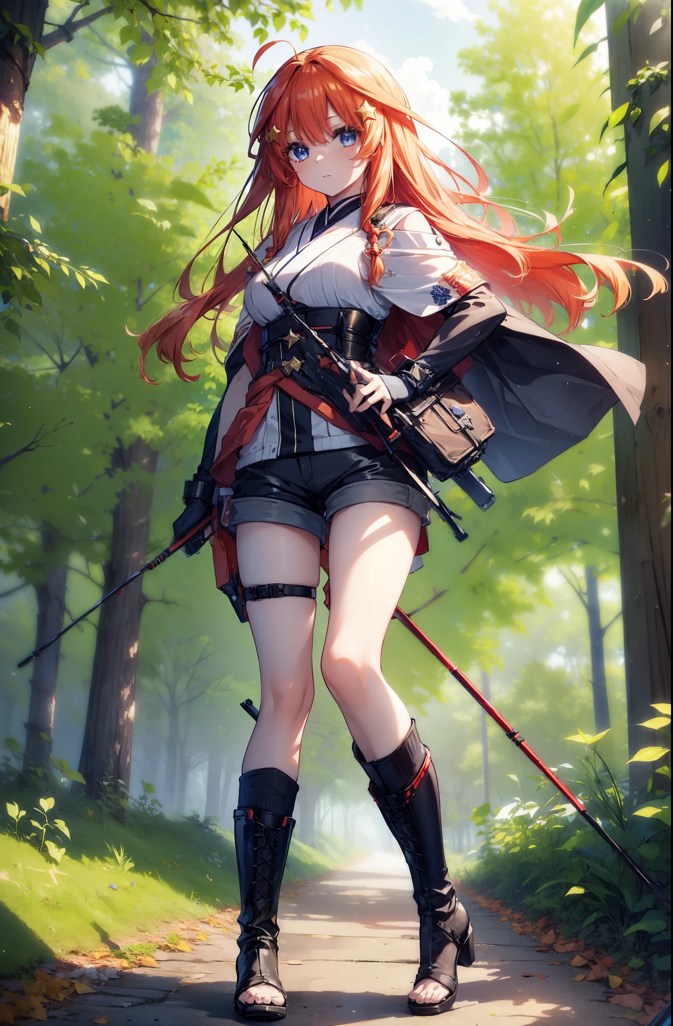 itsukinakano, itsuki nakano, bangs, blue eyes, Hair between the eyes, Redhead, star \(symbol\), hair ornaments, star hair ornaments,Long Hair,Owns an archery grip in the right hand,Carrying an archery bag,He has a quiver on one side, boots, Cape,gloves, red Knee socks, High heels, Shorts, Knee socks,whole bodyがイラストの中に入っていくように,歩いている
break outdoors, forest,forest林, break looking at viewer,whole body,
break (masterpiece:1.2), Highest quality, High resolution, unity 8k wallpaper, (shape:0.8), (Fine and beautiful eyes:1.6), Highly detailed face, Perfect lighting, Highly detailed CG, (Perfect hands, Perfect Anatomy),