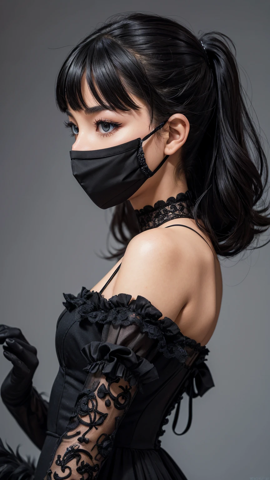 ((ultra detailed, Masterpiece, absurdities)) SpiderBlackCat, 1 girl, face mask, by white, wide, Side view with a playful expression.