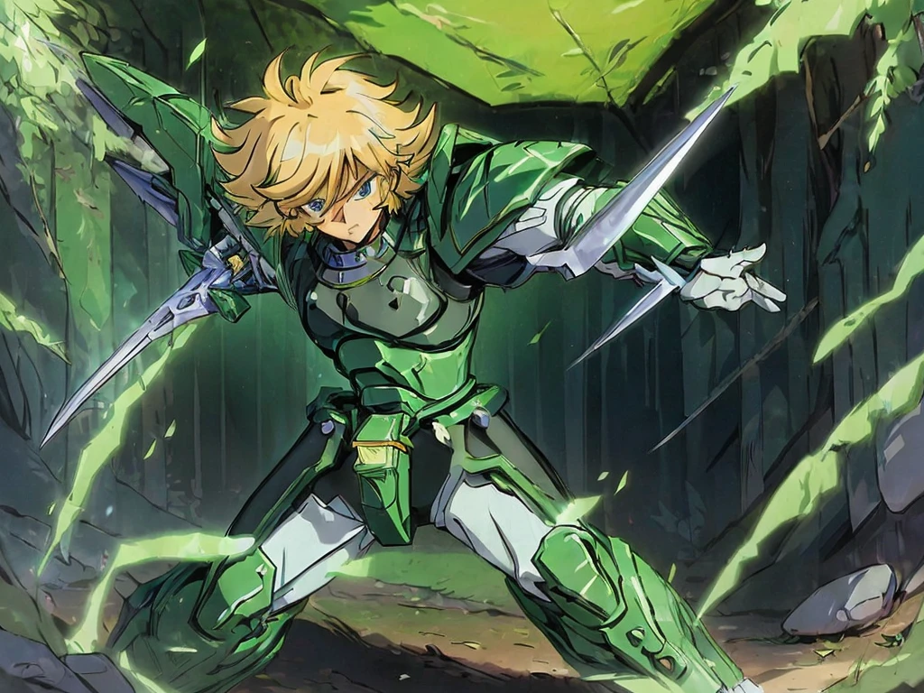 (masterpiece, high quality, 32k animation quality, anime style, highly detailed, 1980s /(style/), retro art style, perfect anatomy), ((Korin Seiji)), 1 man, solo, (blonde hair, short hair, messy hair, asymmetrical parting, flipped hair), (beautiful eyes detailed), blue eyes, straight face, cowboy shot, (huge chest: 1.2, green armor, Korin's armor), slim waist: 1.0, wide hips 1.4, (waist armor, Korin's, realistic, highly detailed), (standing, leaning low, legs spread, holding a samurai sword), looking at the viewer, (cave background, on a rock), (front view, shot from below), holding a samurai sword in hand, score_10_up, score_9_up, score_8_up, score_7_up, score_6_up,