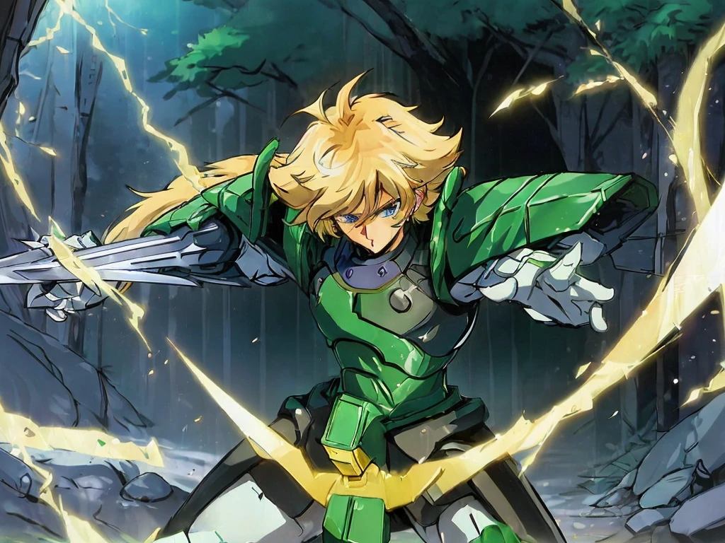 (masterpiece, high quality, 32k animation quality, anime style, highly detailed, 1980s /(style/), retro art style, perfect anatomy), ((Korin Seiji)), 1 man, solo, (blonde hair, short hair, messy hair, asymmetrical parting, flipped hair), (beautiful eyes detailed), blue eyes, straight face, cowboy shot, (huge chest: 1.2, green armor, Korin's armor), slim waist: 1.0, wide hips 1.4, (waist armor, Korin's, realistic, highly detailed), (standing, leaning low, legs spread, holding a samurai sword), looking at the viewer, (cave background, on a rock), (front view, shot from below), holding a samurai sword in hand, score_10_up, score_9_up, score_8_up, score_7_up, score_6_up,