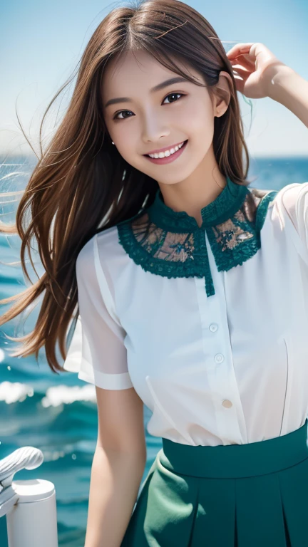 masterpiece, Highest quality:1.1), (8K, RAW Photos, Photo realistic:1.2, f22), (Shiny skin), Detailed skin,Long Hair,Detailed face, fine grain,smilee,break, Real World, Intricate details, smile, break, One Girl, whole body,(blouse,skirt)break, (Ocean:1.4)