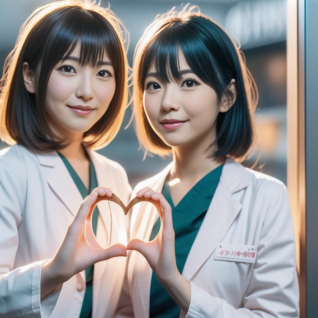 ((heart_hands_duo)), Beautiful Japanese female doctor wearing (white labcoat) and teal scrubs with cute Japanese female nurse wearing pink nurse uniform , beautiful detailed face, Japanese woman, pale skin, realistic skin, detailed cloth texture, detailed hair texture, Perfect proportion, Beautiful Face, accurate, Anatomically correct, Highly detailed face and skin texture , looking at viewer