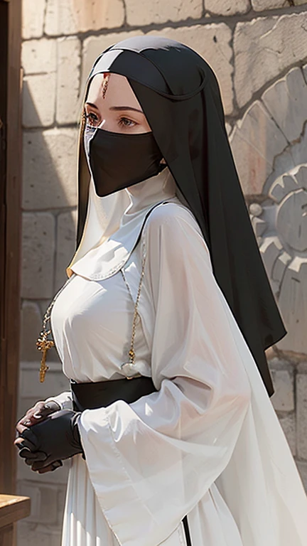 (Masterpiece, Young Nun), (High Quality, Spiritual Figure), (Female Character, Religious Icon), (Detailed Attire, Habit), (Nun's Veil, Covered Head), (Bare Neckline, Modest Plunge), (A veil covering the mouth, face veil fit his face, Long gloves), (Natural Complexion, Radiant Skin), (Soft Lighting, Holy Sanctuary), (Realistic Texture, Fabric Wrinkles), (Deep Focus, Close-up Portrait), (Young Face, Innocent Expression), (Hands, Holding Rosary Beads), (Gazing into the Distance, Contemplating), (Serene Environment, Monastery), 1girl, full body shot