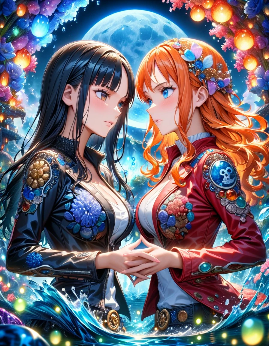 absurdres, highres, ultra detailed, HDR, masterpiece, Nico Robin, black long hair, expressive blue eyes, One Piece, Nami, long orange hair, expressive brown eyes, two women together, beautiful, black jacket, red jacket, white shirt, magical, fantasy, water, blue moon, starry, blue fireflies, blue flowers