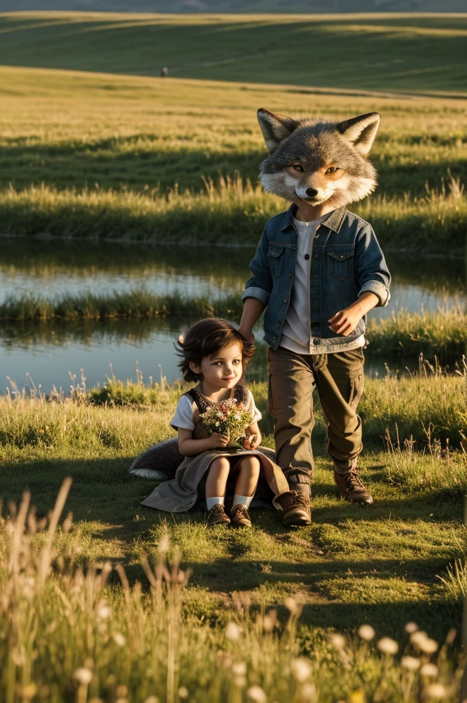 ((best quality)), ((masterpiece)), (Detailed), An anthropomorphic little wolf boy and an anthropomorphic little fox girl sit hand in hand in a meadow by a lake and watch the sunset.