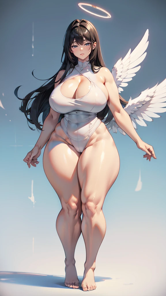 blank background, (((full body framing))), standing, (masterpiece), (best quality), huge girl, (muscular girl:0.8), ((wide hips:1.5)), (thin hair:1.7), massive breast, Mohawk hairstyle:1.4, (long legs:1.6), big cleavage, cute:1.8, adorable:1.8, ((curvy:1.6)), angel girl, white wings, ((naked)), (nude), halo,solo, 1girl, ((thick thighs:1.4))