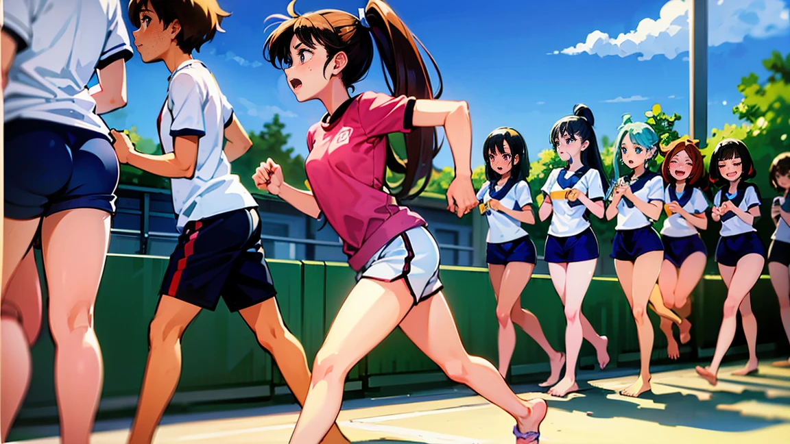 Highest quality,1990s anime style illustration,barefoot,Multiple Girls,Girls in gym clothes、Stand in line、Running in the schoolyard,All the girls are barefoot,The girls were sweating、I'll run for my life,White T-shirt and blue shorts,Several girls run side by side,Multiple Girlsたちを、Line up in a straight line、Let it run,running,The girls are out of breath、It's a tired look,