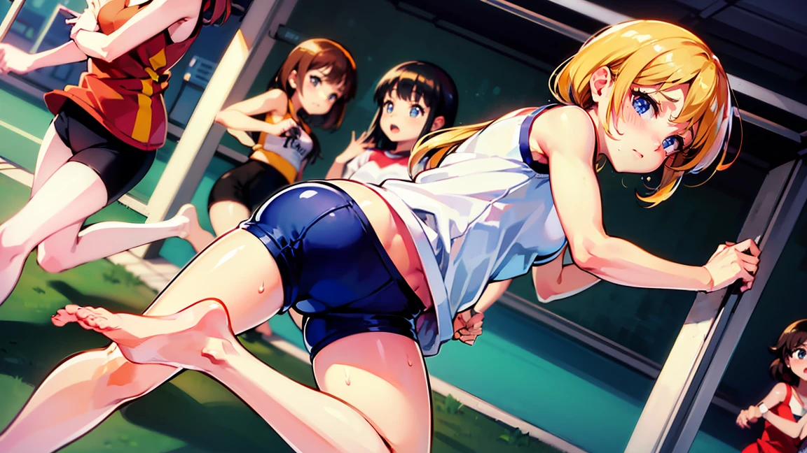 Highest quality,1990s anime style illustration,barefoot,Multiple Girls,Girls in gym clothes、Stand in line、Running in the schoolyard,All the girls are barefoot,The girls were sweating、I&#39;ll run for my life,White T-shirt and blue shorts,Several girls run side by side,Multiple Girlsたちを、Line up in a straight line、Let it run,running,The girls are out of breath、It&#39;s a tired look,