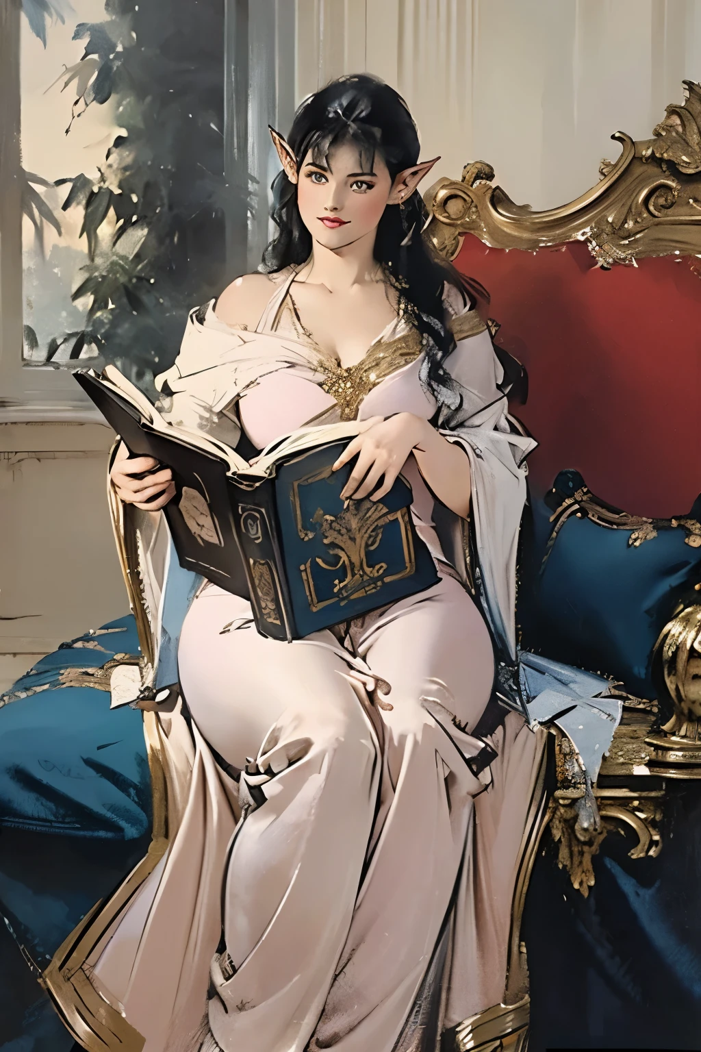 (Artwork),(best quality:1.1),(ultra-detailed),best illustration,fine details,(portrait:1.1),(intense FULL BODY close-up),watercolor drawing)floating,1 elf girl, Alone, 18 years old, voluptuous, (extremely delicate and beautiful face), (detailed pink eyes), thick pink lips, (disheveled hair) female elf, huge breasts, (wearing a short white tunic), soft and lazy, (simple background :1.2)full colored background,full body closeup sitting in an armchair reading a large arcane book,concentrated on her reading,detail on facial expressions and the environment,,clear,4K