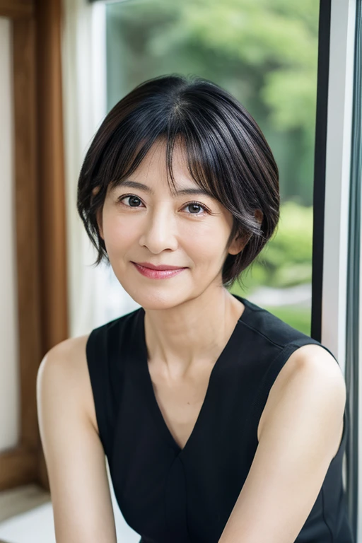 Portrait、8K、high quality、Realistic Photographic Images、50 years old、Japanese women、Neat and clean wife、small 、housewife、Natural and realistic eyes、Beautiful black hair、short hair、Sappin'、light makeup、Beautiful lighting、Golden ratio composition、smile、Earth Toned Clothing、Casual clothing、No sleeve、Gaucho pants、Natural background、Blurred Background、Unclear、Mature Woman、Plain、gray、beige、green、smile、Black-haired、Small black eyes、Background blur