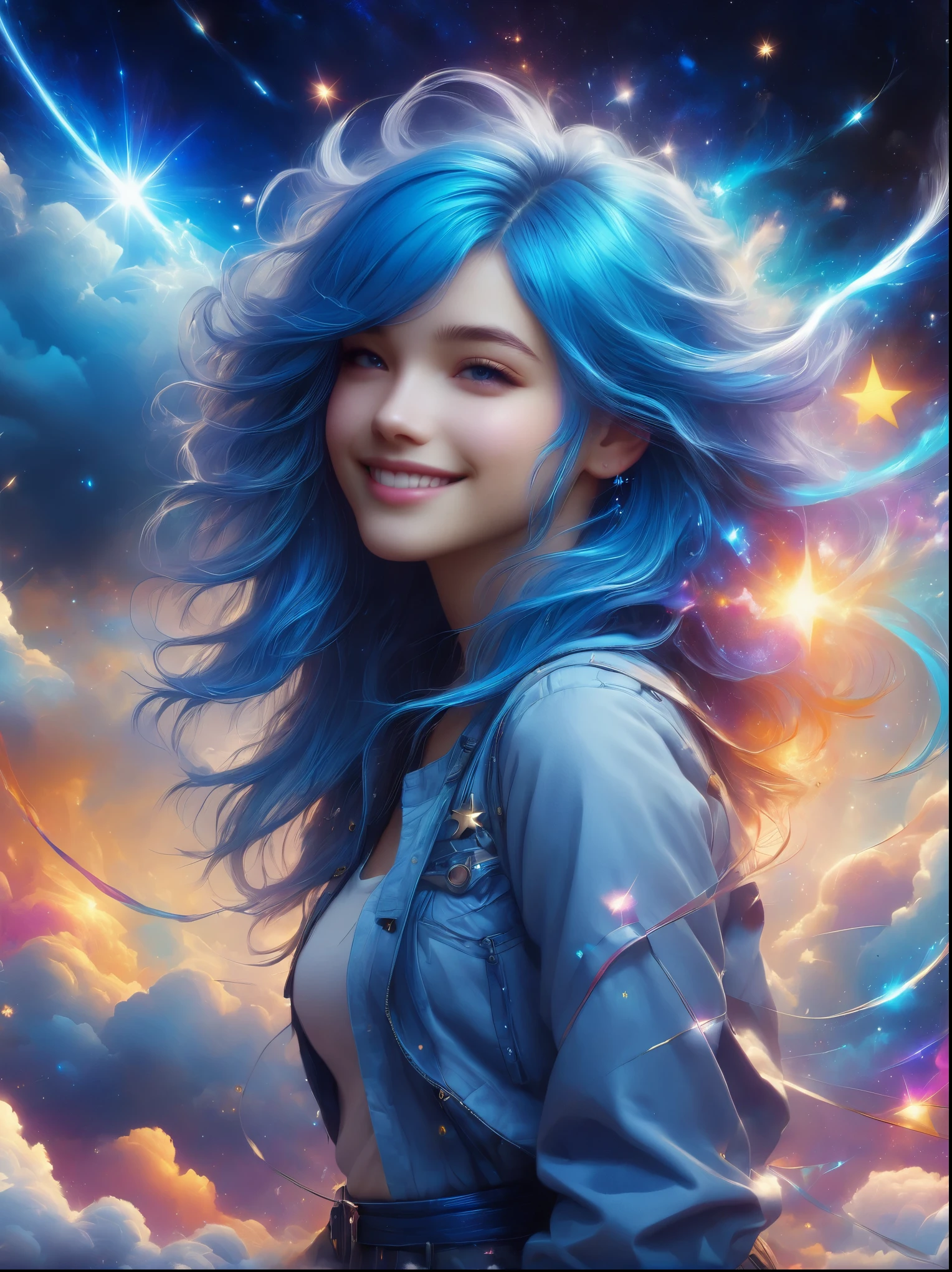 1xknh1, masterpiece, best quality, Aesthetic, fantasy, illusion, 1 Girl, Solitary, a photo of a cute girl, Detailed face, Relaxed smile, charming, Asymmetrical hair, Swaying hair, Electric blue hair, glow, cloud, Colorful sky, Star, shattered, Space style, Vortex Magic Style, Silva Magic Style, legendary, outstanding, Beautifully, elegant, luxury, Creative