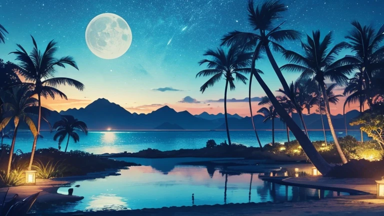 Highly detailed, Editorial style photo: serene lagoon, Hawaii, night, surrounded by silhouettes of palm trees, sky filled with stars, bright moon reflecting off calm water, lagoon illuminated softly by moonlight, gentle waves lapping at shore, distant tropical plants and flowers, lush, tranquil atmosphere, peaceful, spiritual energy