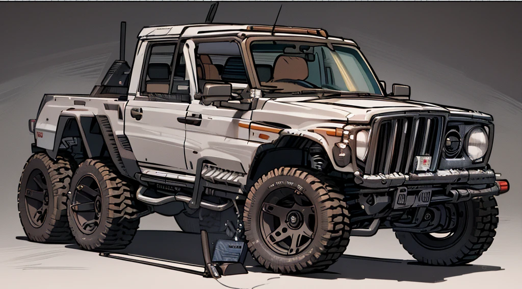((Best Quality)), ((masterpiece)), Highly detailed, 8K, red 6x6 heavy pickup truck, red dirty matte paint, square headlights, boxy angles, boxy 80s design, square headlights, (peterbilt influence:0.7), bright showroom, plain mesa background, cel-shaded, line art, bold black outlines, comic style, inkpunk, bright photoshoot lighting