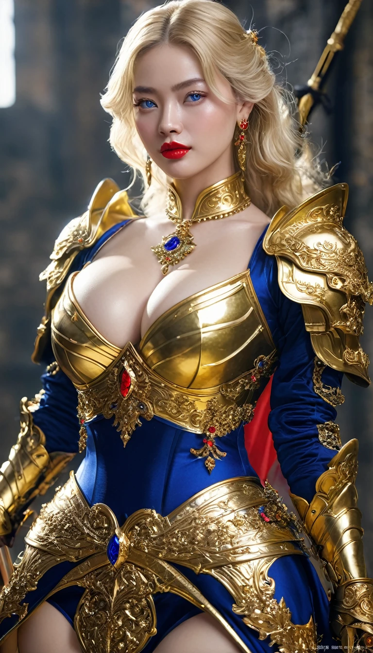 masterpiece,Highest quality,wonderful,(womanの騎士_woman:1),(Golden Armor:1.3), (35歳のwoman騎士:1.3),、Big and ample breasts,,Hyper Real,中世ヨーロッパの都市のbattlefieldにいる,Expressionless,、イギリス人woman、Delicate skin texture to the smallest detail 、(Detailed blue eyes)、(Chubby body type))、(Very large breasts)、中年woman、(ふわふわblondeの長い髪)、Sunburned skin、(blonde)、(((Very large breasts)))、woman騎士、(((Big cleavage)))、Richly decorated gold armor、Medieval witch、Golden long boots with flashy decorations、Deep neckline、Pure gold and jewellery necklaces and collars、Big gold earrings、Bright red lips、Dressed in luxurious gold armor、Gold Long Gloves、She has a big long sword、The sword is ornately decorated..........................、The blade is pitch black、(woman騎士)、(battlefield)、