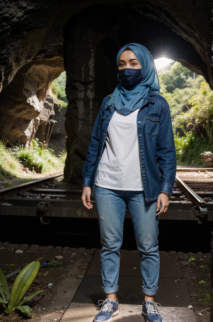 a woman wearing a hijab, wearing jeans, blue shoes, and wearing a watch. standing on a train track, in a cave where there is grass, and orchids spreading in the cave. You can see the sun behind her.