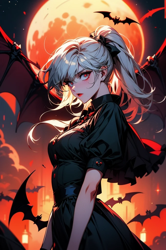 Anime couple in gothic outfits with bats and a blood moon, From Girls Frontline, Danganronpa digital art, Official artwork, vampire, Zerochan Art, crimson themed, Girls Frontline Style, vermilion, Gap Moe Yandere Grimdark, Best anime 4k konachan wallpaper, 2b, 2b ..., 暗褐色とvermilion, Anime Cover