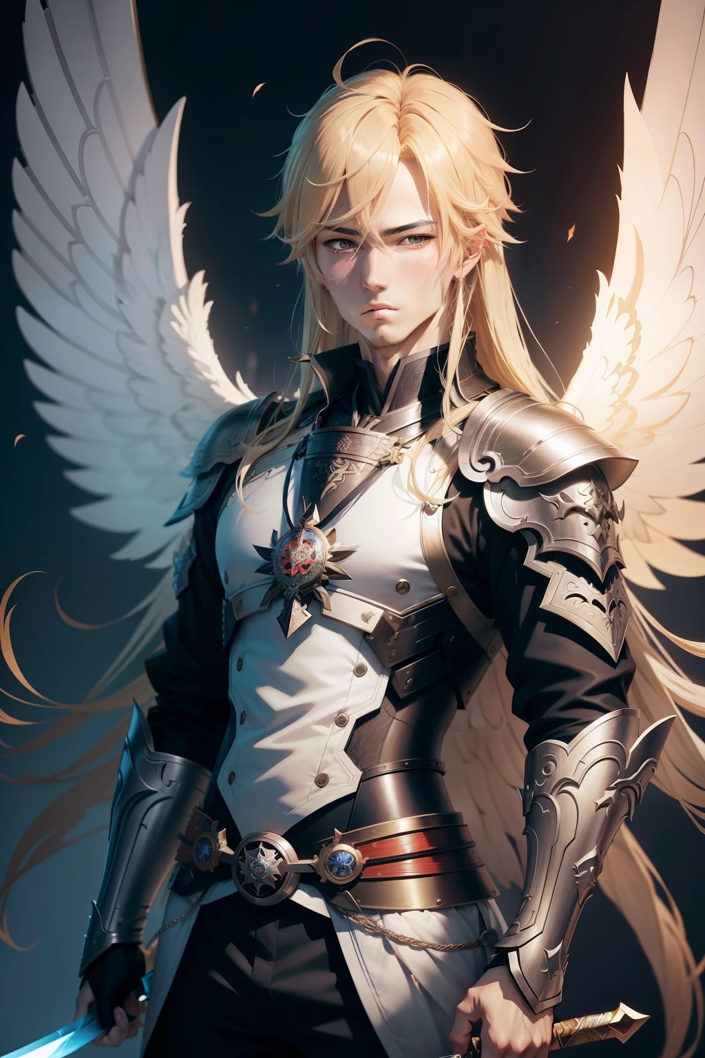 Anime boy with blonde hair and wings holding a sword, an anime drawing by Shitao, pixiv contest winner, shin hanga, ( ( The king of artificial intelligence art ) ), Detailed key anime art, skinny male fantasy alchemist, handsome guy in demon killer art, attractive male deity, Keqing from Genshin Impact, anime tribal boy with long hair