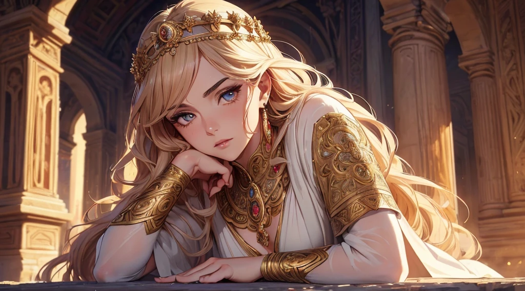 intricate lofi background, ancient roman anime character, detailed facial features, beautiful eyes, elegant long eyelashes, delicate lips, sharp nose, ornate jewelry, flowing robes, ancient architecture, dramatic lighting, glowing warm tones, cinematic composition, (best quality,8k,highres,masterpiece:1.2),ultra-detailed,(realistic,photorealistic,photo-realistic:1.37),concept art