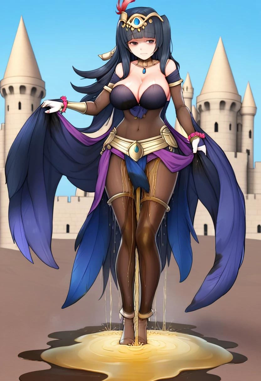 (masterpiece:1.37), best quality, (extremely detailed:1.37) plegianTh, two side up, hair ornament, feather hair ornament, bodystocking, bracelet, gold jewelry, bridal gauntlets, anklet, breasts, (wetting herself:2.0), standing straight, full body day, daytime, glow, facing viewer, perfect composition, full body, medieval, castle, desert