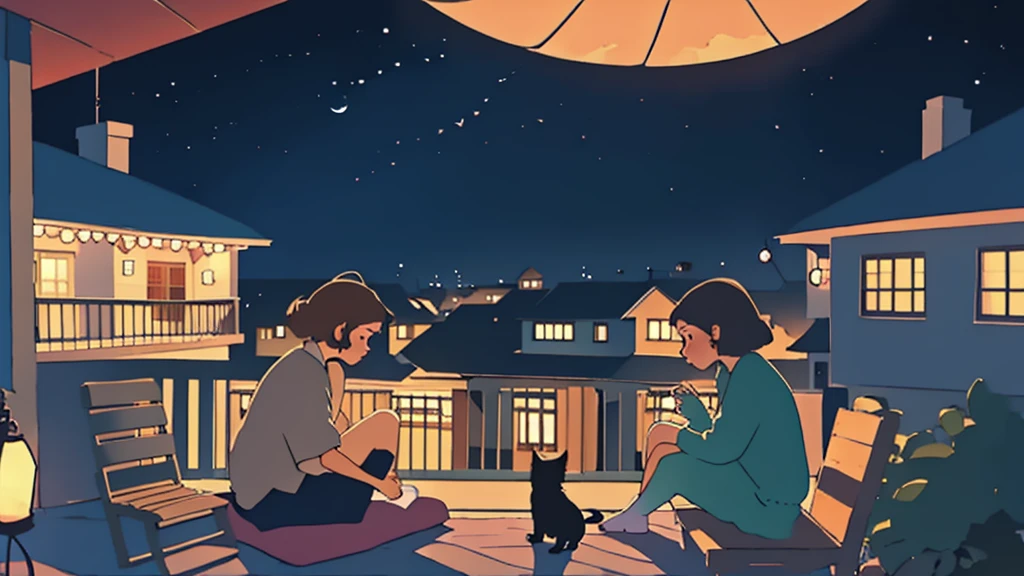 a girl sitting on a porch with a cat, with a view of the night sky,