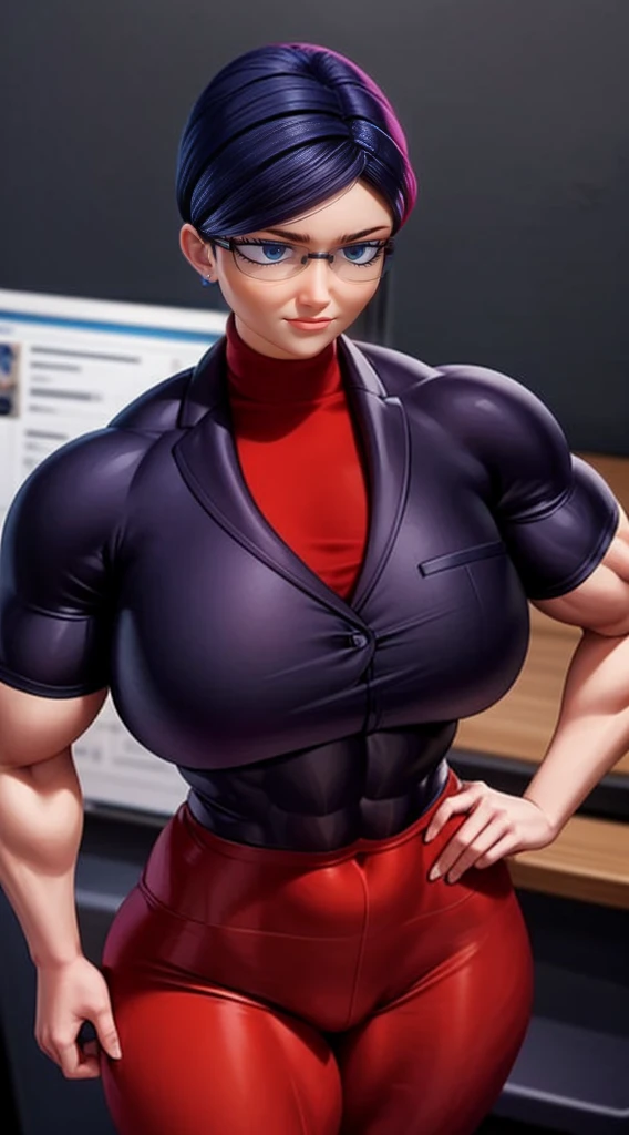 a muscular female bodybuilder in (( red bra inside (office suit) and her hair is (gradient of dark blue and red) from end to the right side of head)), detailed face, beautiful detailed eyes, beautiful detailed lips, ((extremely detailed face and muscles)), long eyelashes, strong muscles bulging through suit, dynamic pose, professional studio lighting, hyperrealistic, 8k, high quality, photorealistic, physically-based rendering, concept art, dramatic color palette,((abs)).