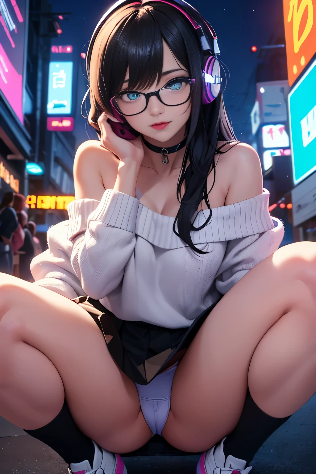 ((best quality)), ((masterpiece)), ((detailed eyes)), (NSFW), perfect face, female, gamer girl, ((aqua eyes)), (cherry-red lips), light smile, long black hair, purple streaked hair, wearing headphones, bangs, ribbon, choker, nerdy glasses, (she is wearing white off-shoulder sweater), she is sitting on the ground, ((missionary pose)), ((legs spread open showing her panties)), inner thighs exposed, (black skirt), nighttime, neon lights, colorful lights, purple and cyan themed background