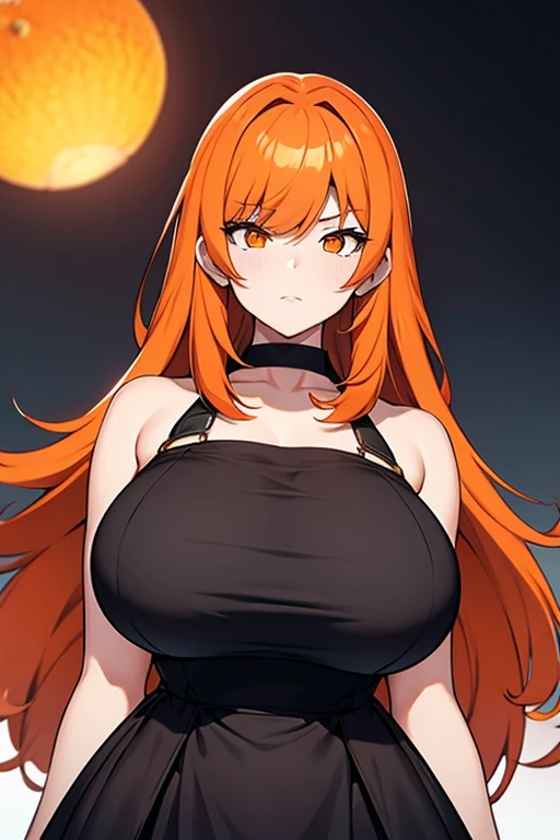 girl, with giant breasts, Orange hair, wide, orange eyes, black dress