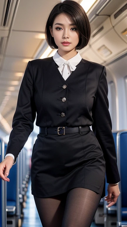 1beautiful womanl, 28years、hyperdetailed face、Detailed lips、A detailed eye、double eyelid、(Black bob shortcut hair , while walking gracefully down the aisle)、(Stewardess uniform:1.2)、((blaclk tights pantyhole))(Glamorous body)、((not SEXY)) thighs thighs thighs thighs, Perfect fit, Perfect image realism, Background with: (Business Class aisle on airplanes:1.2), Cowboy Shot, Meticulous background, detailed costume, Perfect litthing、Hyper-Realism、(Photorealsitic:1.4)、8K maximum resolution, (​masterpiece), ighly detailed, Professional