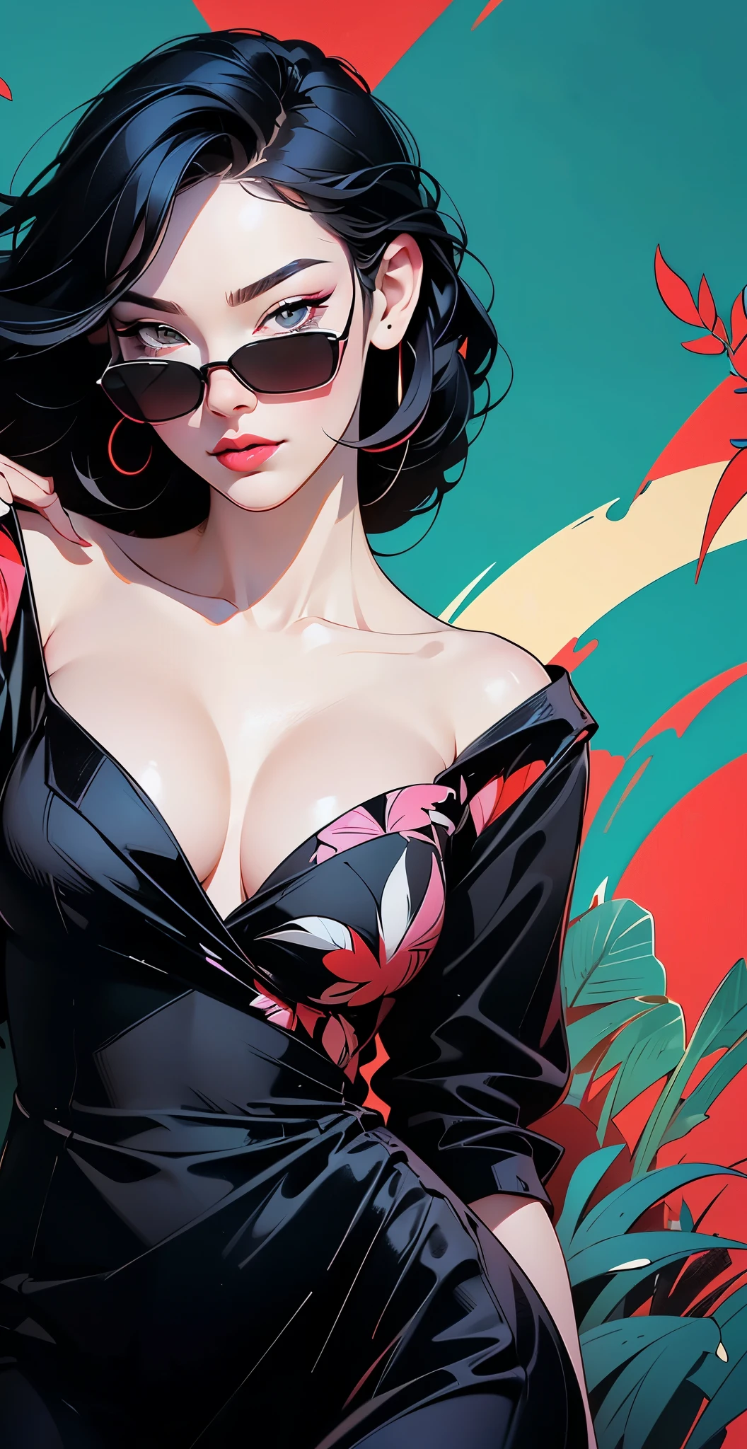 woman in a dress standing in front of simple background, up close, ((Art style by Patrick Nagel)), ((8k, wallpaper, detailed)), dark sunglasses, korean pop-star, black hair, pretty hands, fringe, simple red background, palm trees, (graffiti wall:1.2), strong, courageous, art by Patrick Nagel, album art cover