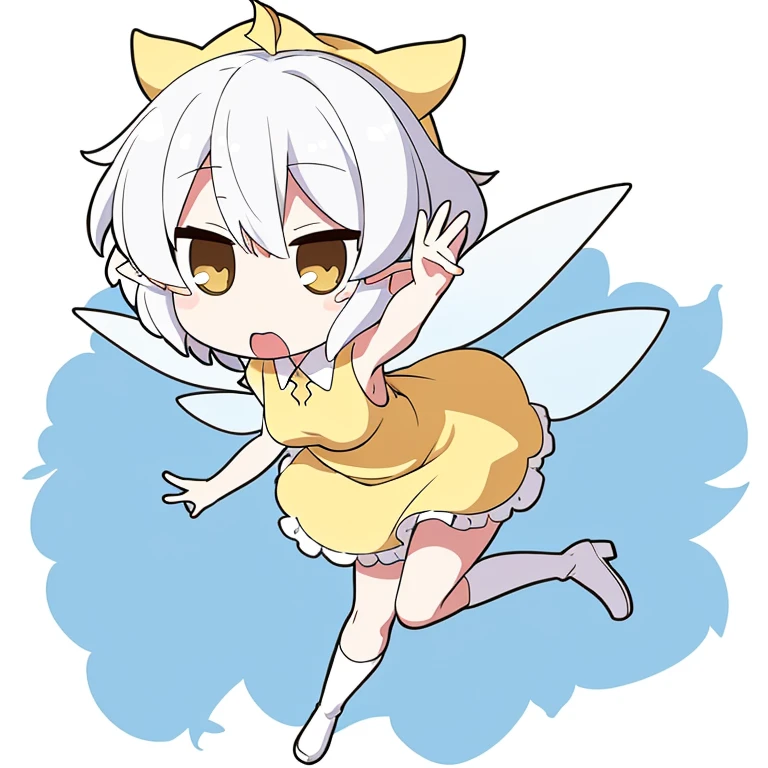 chibi character, simple chibi, tiny fairy, flying in the air, large breasts, chibi art, tiny leaf dress, yellow dress, short dress, giant fairy wings, elf ears, skimpy dress, white thigh high stockings, pixie cut hair, white hair, seductive, tiny hands and feet, white boots, big simple eyes, happy look, fluttering, simple background, white background, flying pose,