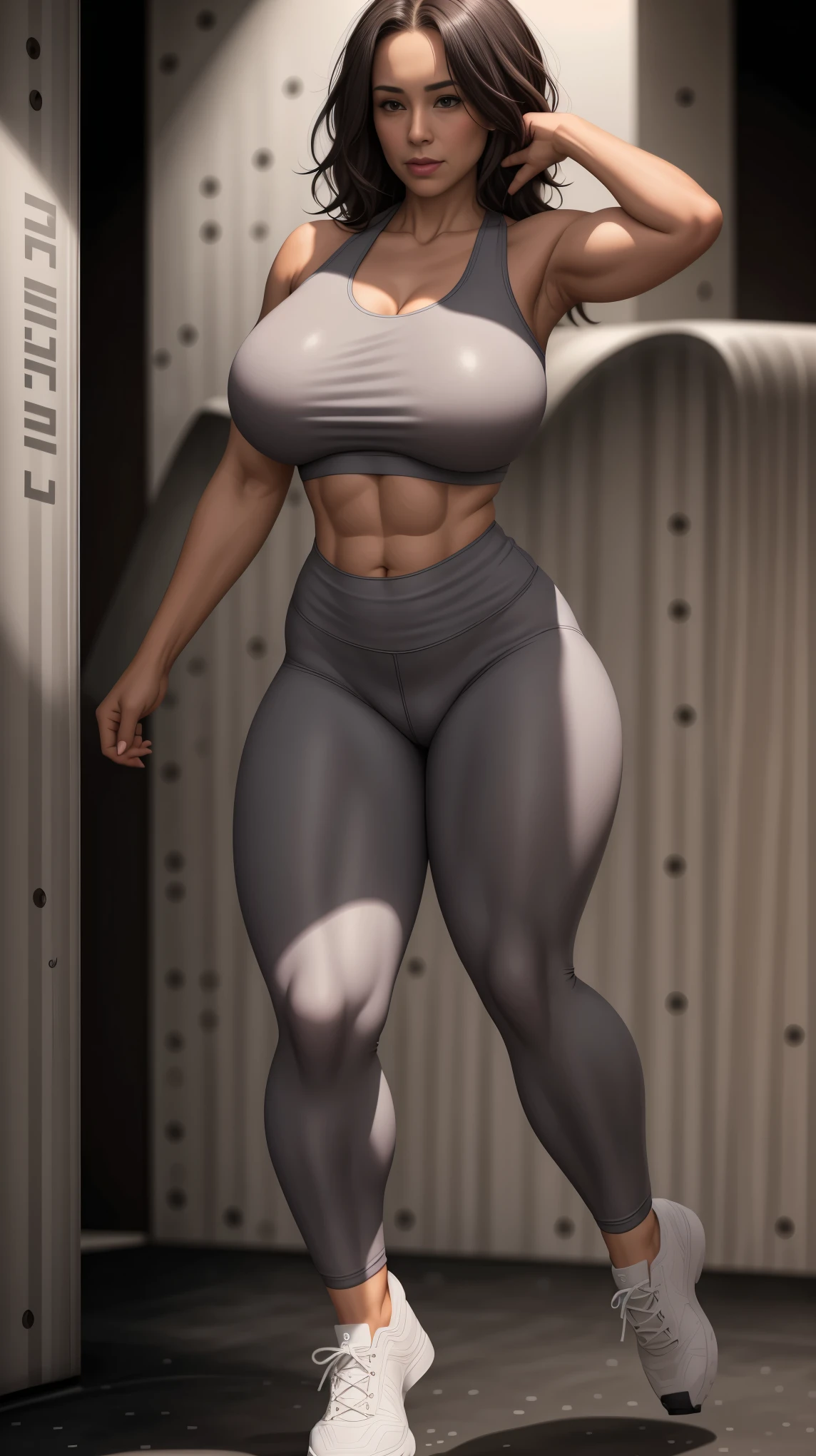 50 year old sexy woman, breasts big, gray and limp hair, new athletic body nafw thick thighs wearing sports bra and leggings