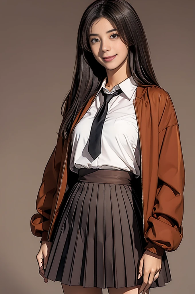 elaizaikedareal,1girl, solo, long hair, looking at viewer, smile, skirt, brown hair, shirt, , jacket, white shirt, cowboy shot, pleated skirt, necktie, striped, cosplay, red necktie