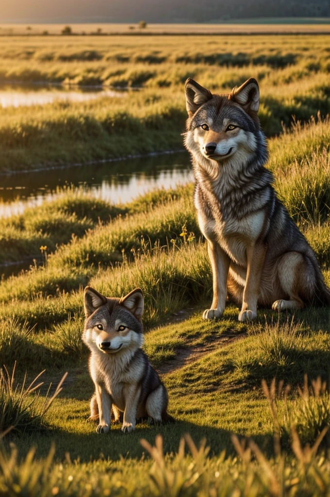 ((best quality)), ((masterpiece)), (Detailed), An anthropomorphic little wolf cub in a meadow by a lake watching the sunset.