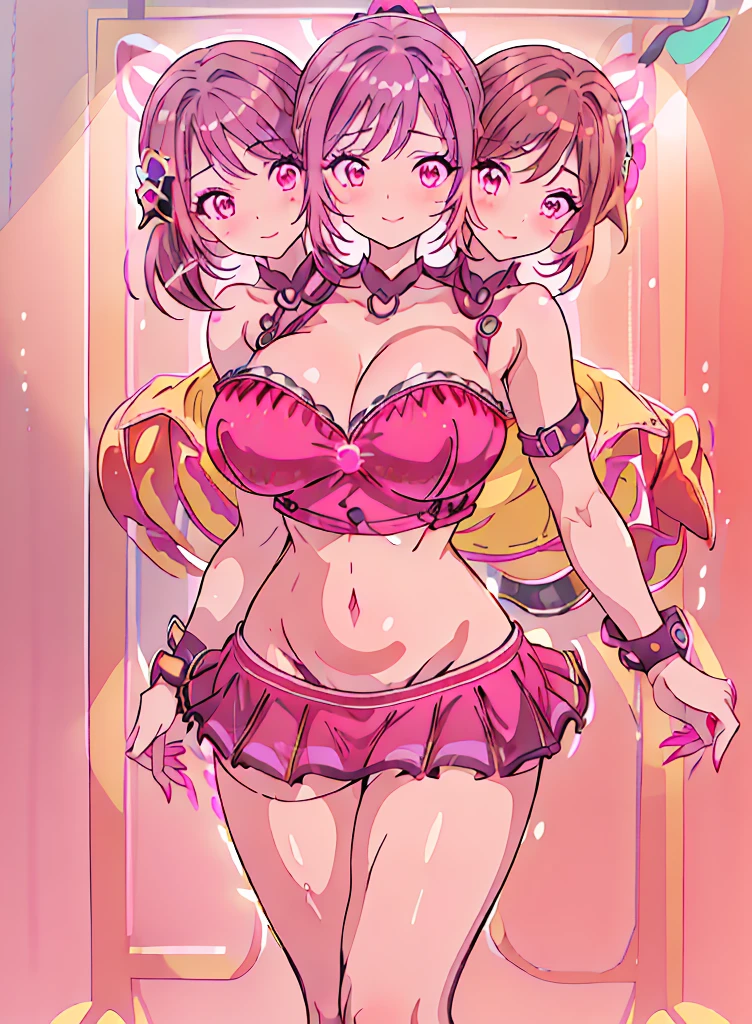 (16K), ((three headed woman)), smiling, highres, masterpiece, ((brown hair)), cleavage, large breasts, ((magenta dress:1.5)), lustrous and smooth skin, (mature woman), seductive silhouette, ((crop top)), sexy proportions, Beautiful girl with accentuated slender abs, seductive woman, ((party background)), necklace, magenta miniskirt, miniskirt, open belly, exposed midriff, strapless, sleeveless, yellow eyes, beautiful eyes, ((long bushy ponytail)), ((gala)), cowboy shots, very big tits, huge tits, open belly, exposed midriff