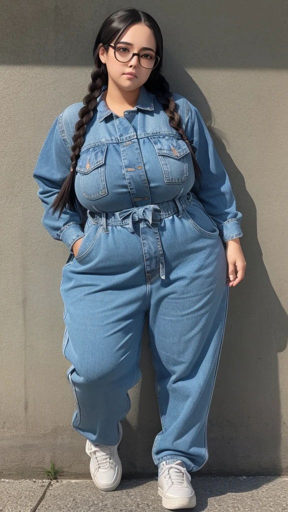Anime Women, Lady、Detailed face、Forehead、Black Hair、Long braids、Glasses、Hanging eyes、Brown eyes、Are fat、Chubby、Voluptuous、obesity、Double chin、Cheek、Fat-covered neck、Big Breasts、Saggy breasts、Thick upper arms、thick fingers、Fat Belly、Sagging belly、Thick legs、Fat all over the body、tall、Denim jumpsuit、sneakers、Sweat、Embarrassed、Exercising