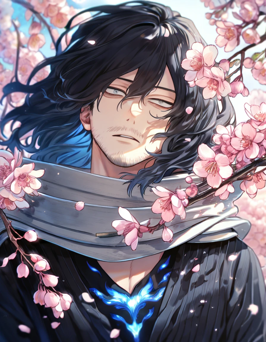 absurdres, highres, ultra detailed, HDR, master piece, Eraser Head, black hair, medium-lenght hair, expressive grey eyes, grey scarf, faint beard, Boku No Hero Academia, sexy man, handsome, best quality, blossoms, pink petals, pink flowers, fantasy, magical, blue shining fireflies, solo, black clothes