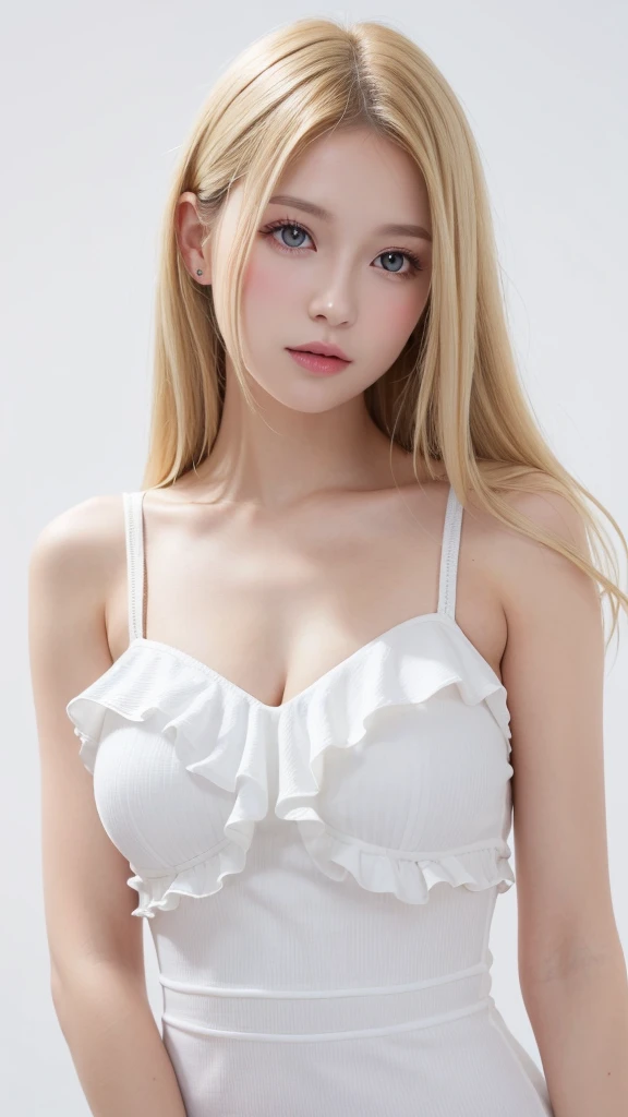 (((forehead、White Blonde Hair、Northern Europe、White people、beautiful girl、Blonde、White background、Frills、race、slit、Off the shoulder、See-through、flare skirt、Shoulder straps)))、table top, highest quality, figure, super detailed, finely, High resolution, 8k wallpaper, Perfect dynamic composition, detailed and beautiful eyes, Deco out,bionde, medium hair, big breasts, Natural color lip,white background, random cute poses,frill dress