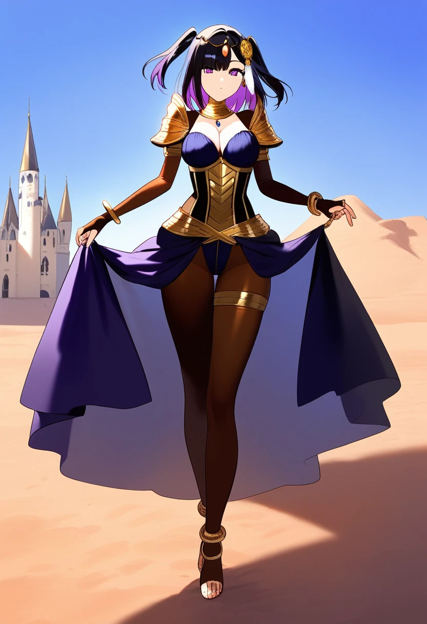 (masterpiece:1.37), best quality, (extremely detailed:1.37) plegianTh, two side up, hair ornament, feather hair ornament, bodystocking, bracelet, gold jewelry, bridal gauntlets, anklet, breasts, (wetting herself:2.0), standing straight, full body day, daytime, glow, facing viewer, perfect composition, full body, medieval, castle, desert