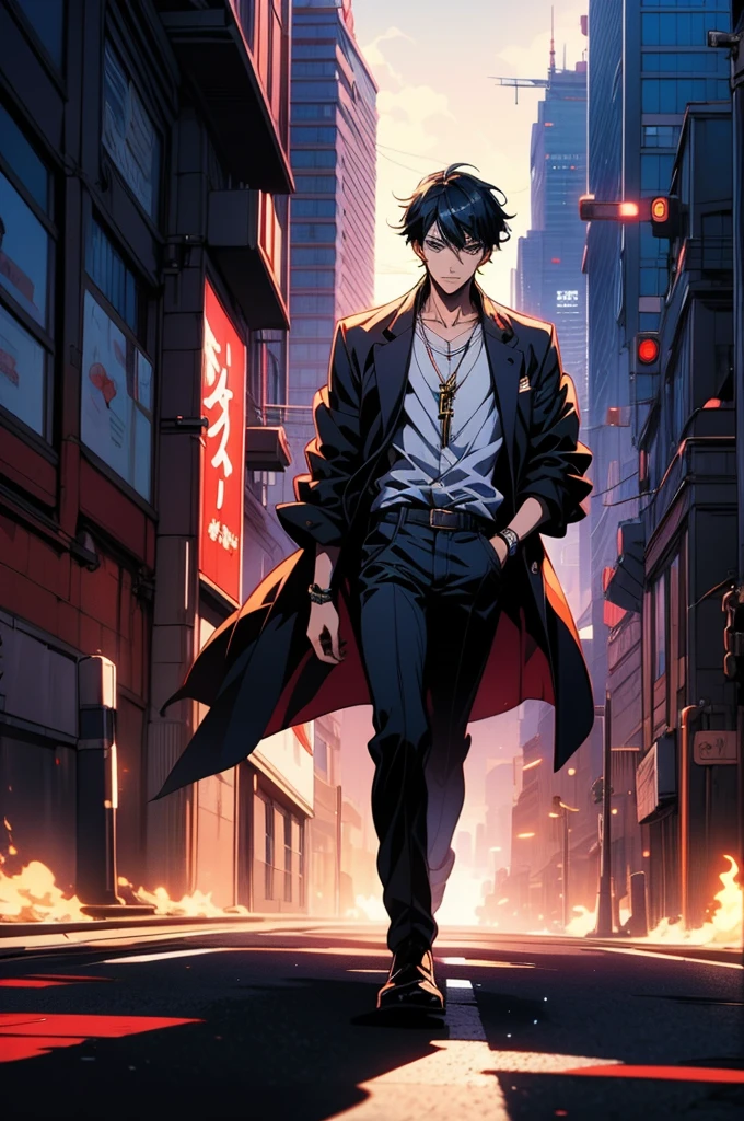 anime guy with cigarette in hand standing in front of a city skyline, commission, shigenori soejima illustration, anime cover, official artwork, chiaroscuro anime key visual, official illustration, digital anime illustration, ( ( ( yoshinari yoh ) ) ), handsome anime pose, commissioned, official art, key anime art, commission art