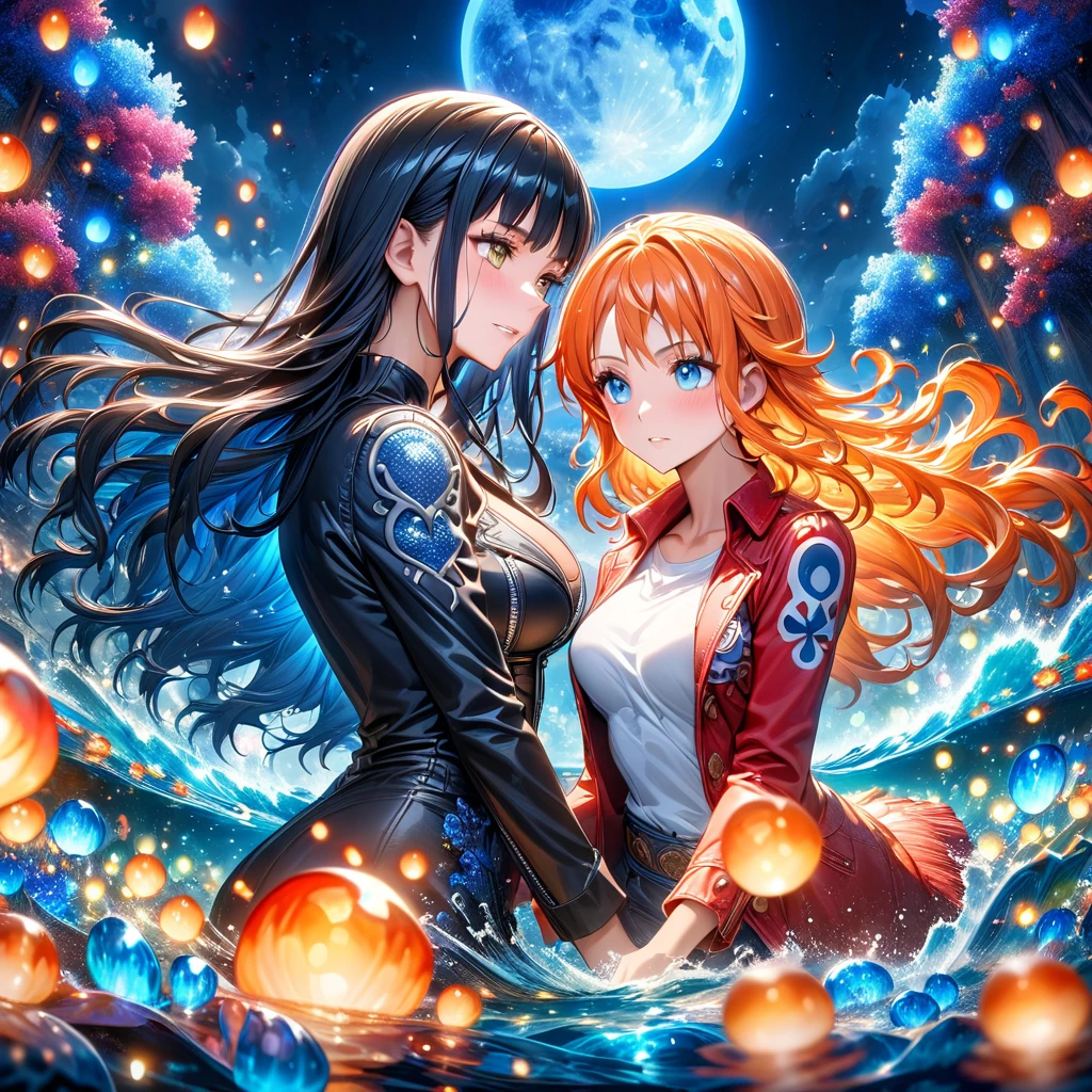 absurdres, highres, ultra detailed, HDR, masterpiece, Nico Robin, black long hair, expressive blue eyes, One Piece, Nami, long orange hair, expressive brown eyes, two women together, beautiful, black jacket, red jacket, white shirt, magical, fantasy, water, blue moon, starry, blue fireflies, blue flowers