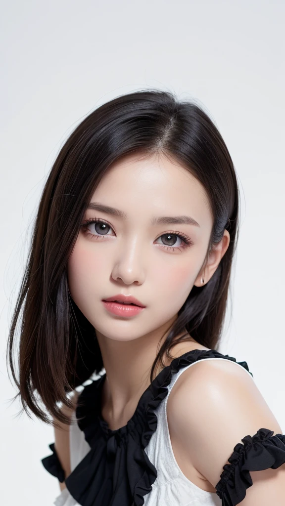 (((forehead、Northern Europe、White people、beautiful girl、Black Hair、White background、Frills、race)))、table top, highest quality, figure, super detailed, finely, High resolution, 8k wallpaper, Perfect dynamic composition, detailed and beautiful eyes, Deco out,bionde, medium hair, super big breasts, Natural color lip,white background, random cute poses,frill dress