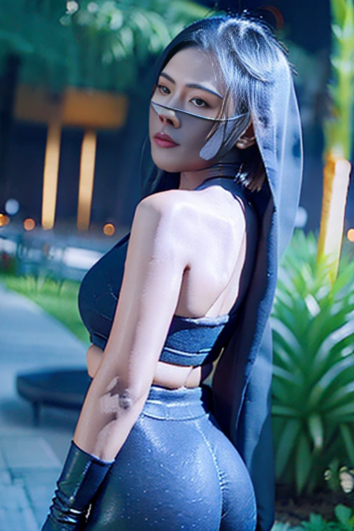best quality, 8k, highly detailed face and skin texture, slim body, black shiny half gloves, big booty short hair asian girl in black shiny leggings and face veil at park, seduction pose, looking at viewer, full body, sharp focus, night time