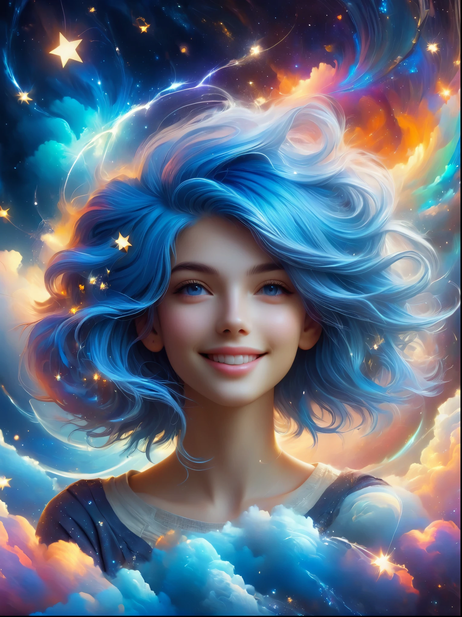 masterpiece, best quality, aesthetic, fantasy, illusion, 1girl, photo of cute girl, detailed face, relaxed smile, charming, asymmetrical hair, swaying hair, electric blue hair, glow, clouds, colorful sky, stars, broken, space style, swirl magic style, silva magic style, legendary, outstanding, exquisite, elegant, luxurious, creative, beautiful classic contemporary detailed cinematic composition, expressive dynamic dramatic atmosphere, spectacular lighting, symmetry, detailed, rich colors, ambient background, inspiring, lovely magnificent clear wonderful surreal perfect complex intricate colors, amazing epic huge momentum amazing strange fascinating massive