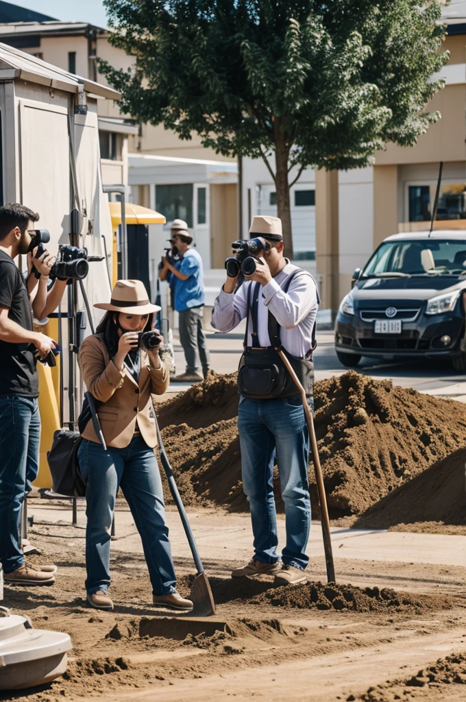 Many people taking photos of a person working with a shovel