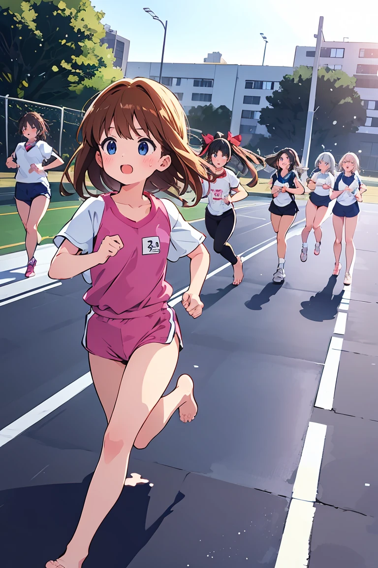 Highest quality,1990s anime style illustration,barefoot,Multiple Girls,Girls in gym clothes、Stand in line、Running in the schoolyard,All the girls are barefoot,The girls were sweating、I&#39;ll run for my life,White T-shirt and blue shorts,Several girls run side by side,Multiple Girlsたちを、Line up in a straight line、Let it run,running,The girls are out of breath、It&#39;s a tired look,