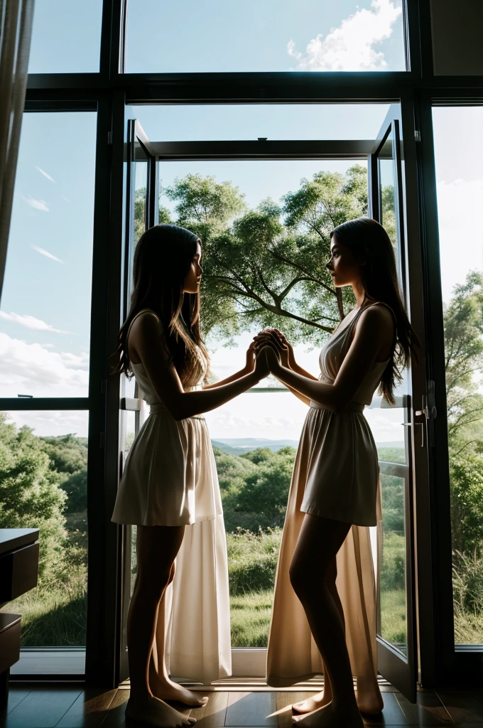 They hold hands, looking out the window as the landscape changes, symbolizing their new beginning.